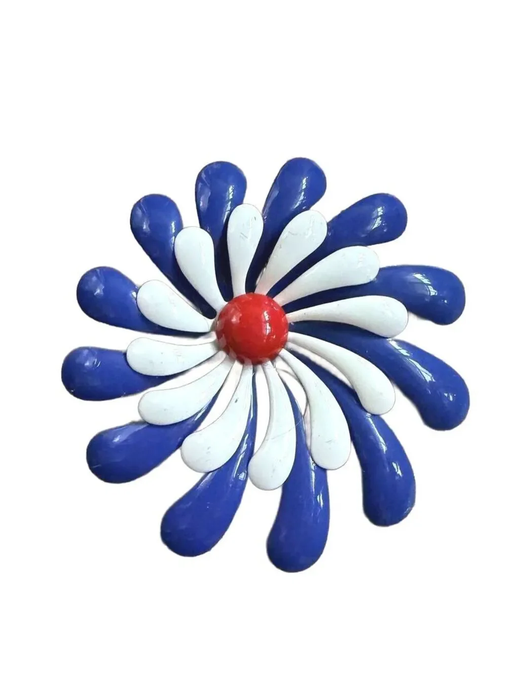 Vintage Enamel Flower Brooch Blue White Red Atomic Mid Century Pin